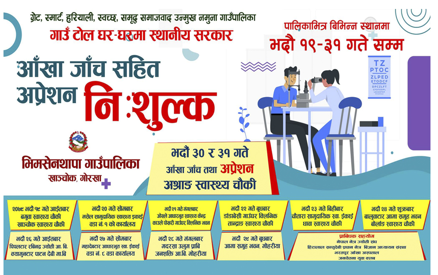 भीमसेन थापा गाउँपालिका भित्र टोल-टोलमा निशुल्क आँखा शिविर हुने (तालिका हेर्नुहोस्)