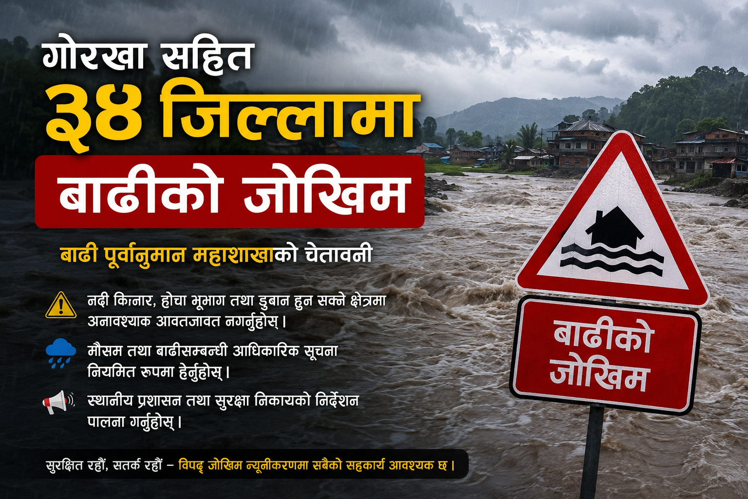 गोरखा सहित ३४ जिल्लामा बाढीको जोखिम