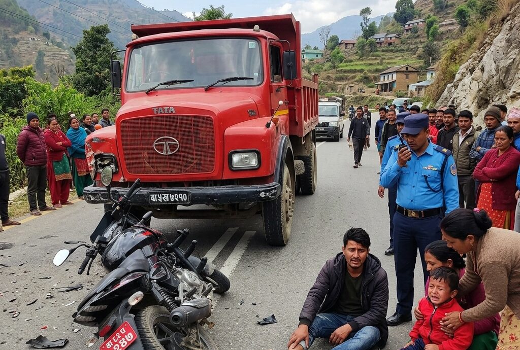 गोरखा आँबुखैरेनी सडकखण्डमा ट्रक र मोटरसाइकल ठोक्किएर दुर्घटना, बाबुछोरा घाइते